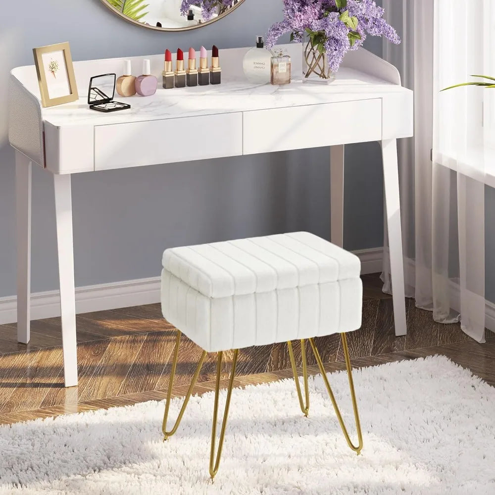 Vanity Stool Chair with Storage, Soft Ottoman 4 Metal Legs with Anti-Slip Feet