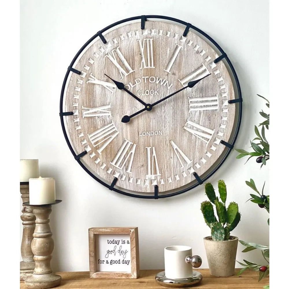 24 Inch Large Farmhouse Wall Clock, Rustic Antique Wood