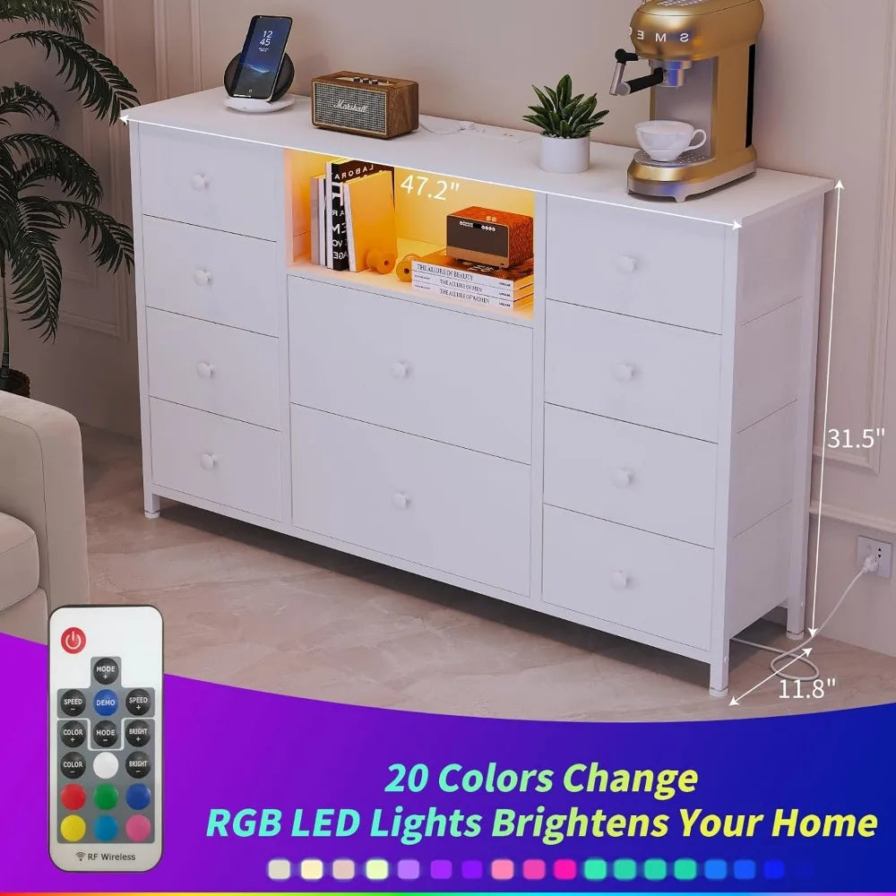 10 Drawer Dresser with Charging Station and LED Lights,