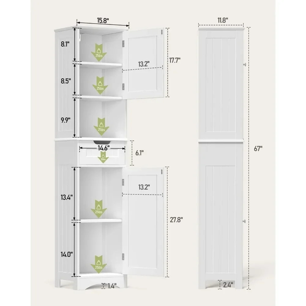 Tall Bathroom Storage Cabinet W/ 2 Doors & 1 Drawer, Adjustable Shelves, Anti-Tipping