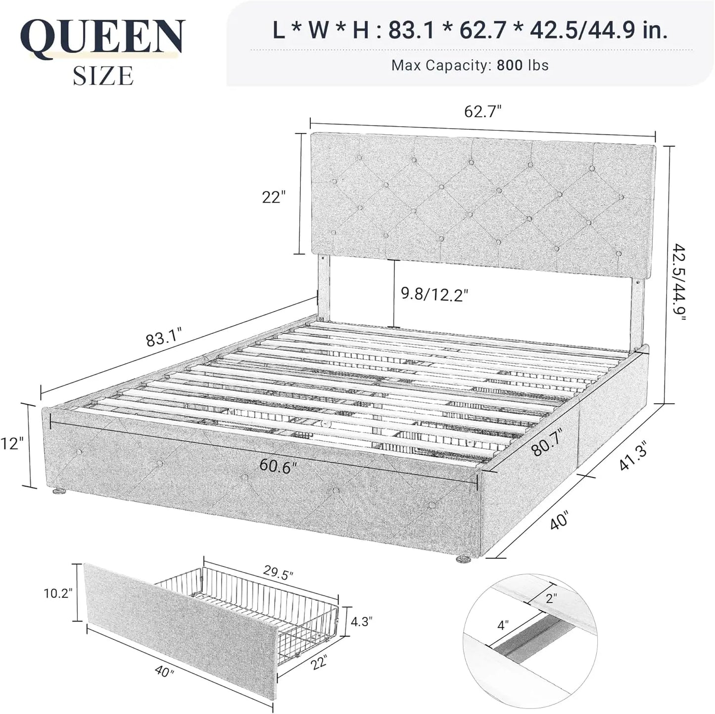 Upholstered Queen Size Platform Bed Frame, 4 Storage Drawers and Headboard