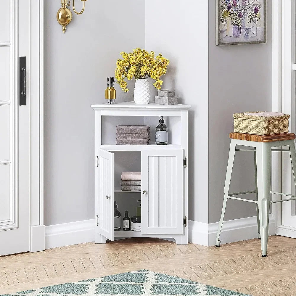 Bathroom Corner Storage Cabinet,  with Doors and Adjustable Shelves, White