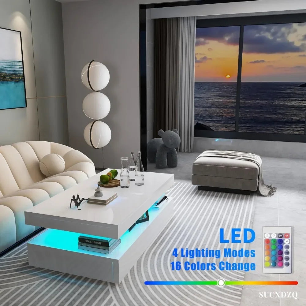 White Rectangular Coffee Table With Remote Control High Gloss  and RGB LED Light