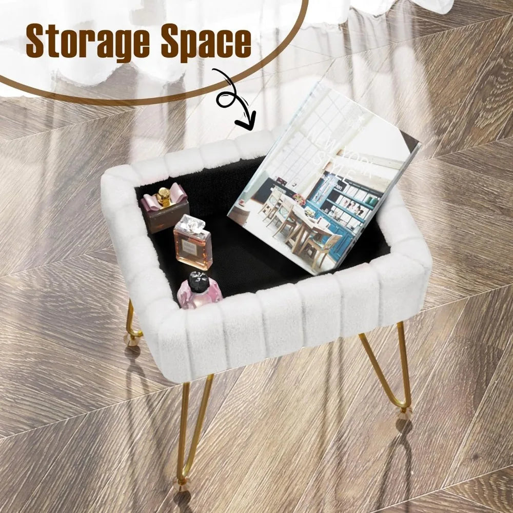 Vanity Stool Chair with Storage, Soft Ottoman 4 Metal Legs with Anti-Slip Feet