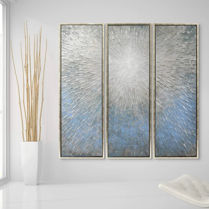 Abstract Wall Art Textured Hand Painted Canvas by Martin Edwards,  60" x 20" each, Silver Ice