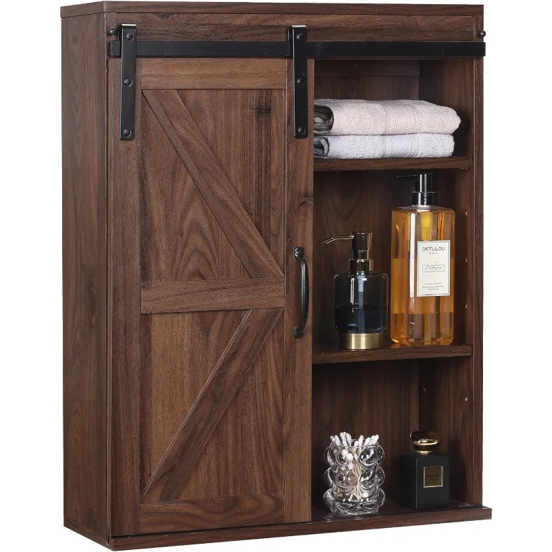 Farmhouse Wood Wall Storage Bathroom Cabinet with Sliding Barn Door and Adjustable Shelf