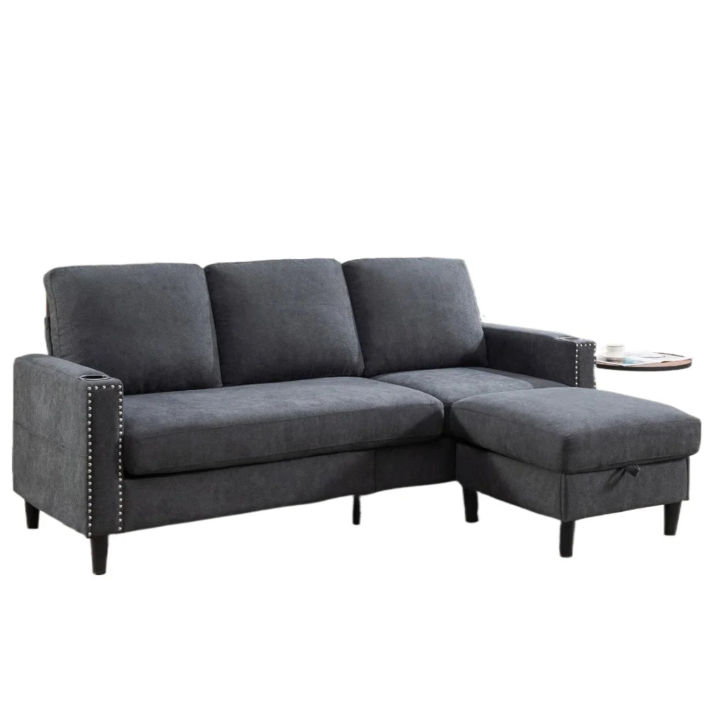 Convertible Sectional Couches , L-Shaped Couch 3 Seats Sofas with Storage Chaise & 2 Cup Holders