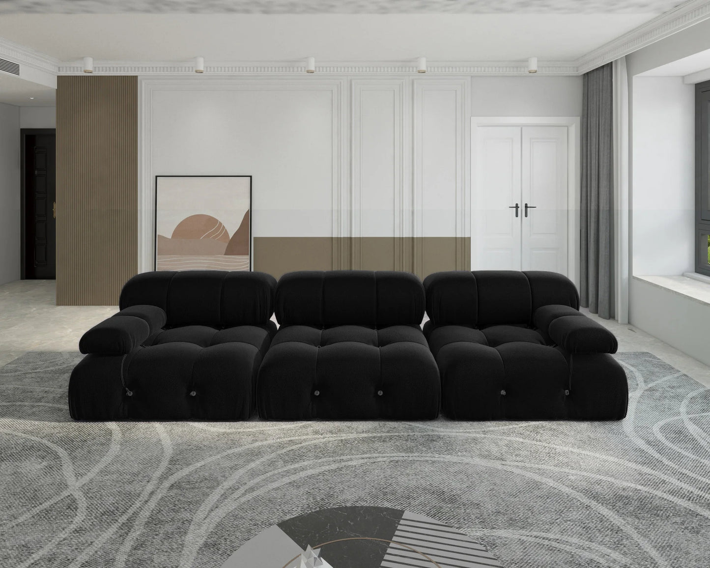 Minimalist Sectional Sofa for Living Room Black Velvet Fabric Modular Couches with Ottomans