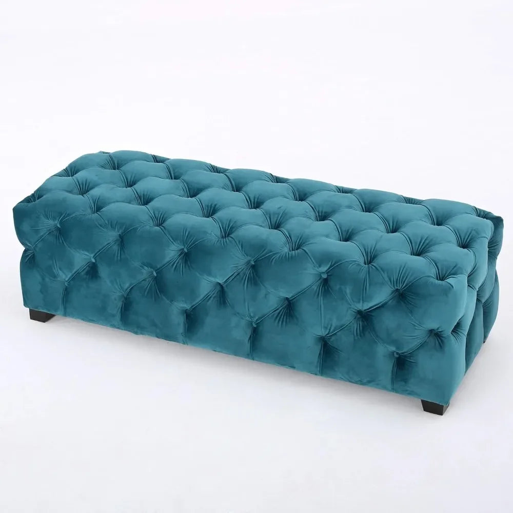 Dark Teal Tufted Velvet Fabric Rectangle Ottoman