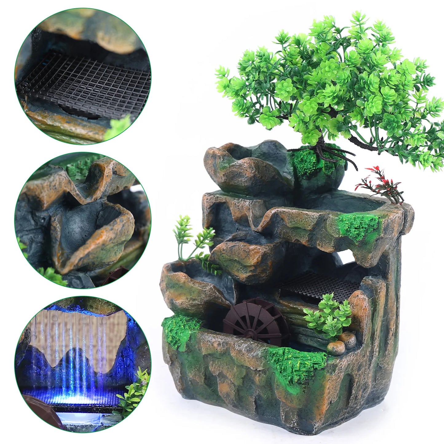 Feng Shui Mini Resin Rockery Fountain LED Lamp Waterfall Table Ornament  Zen Decor 110V