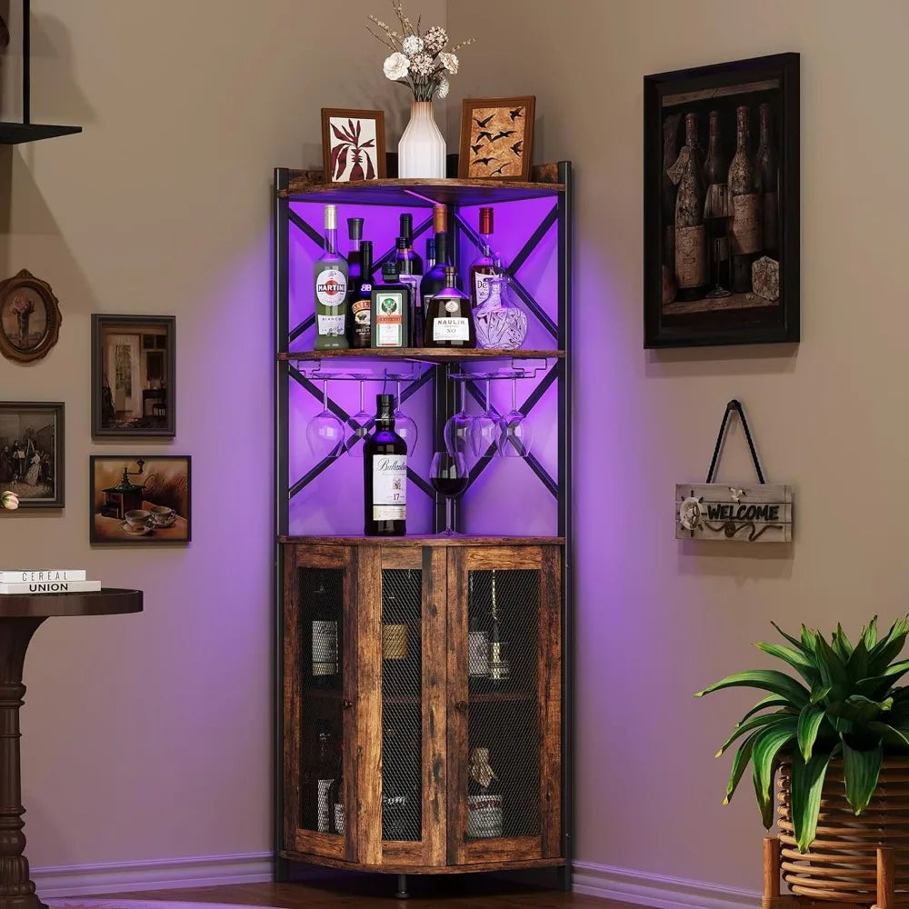 Corner Bar Wine Cabinet with  Glass Holder & LED Lights