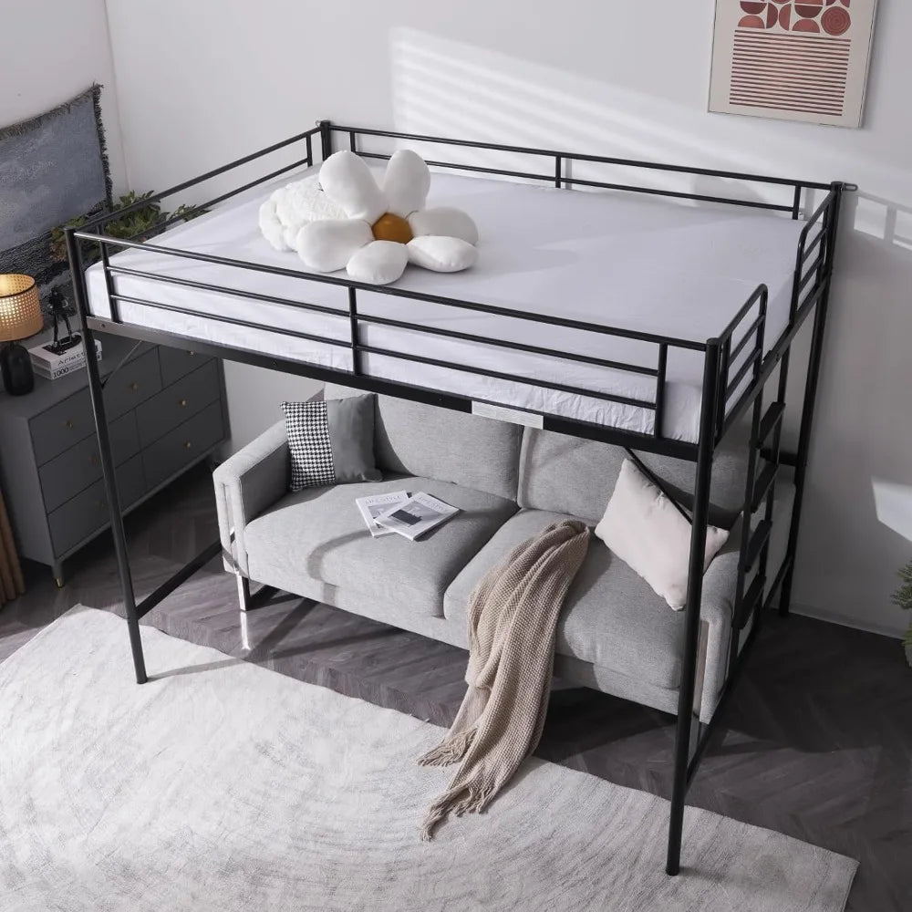 Loft Bed Full Size with Flat Rungs  No Box Spring Required, Heavy Duty Metal Slat Support