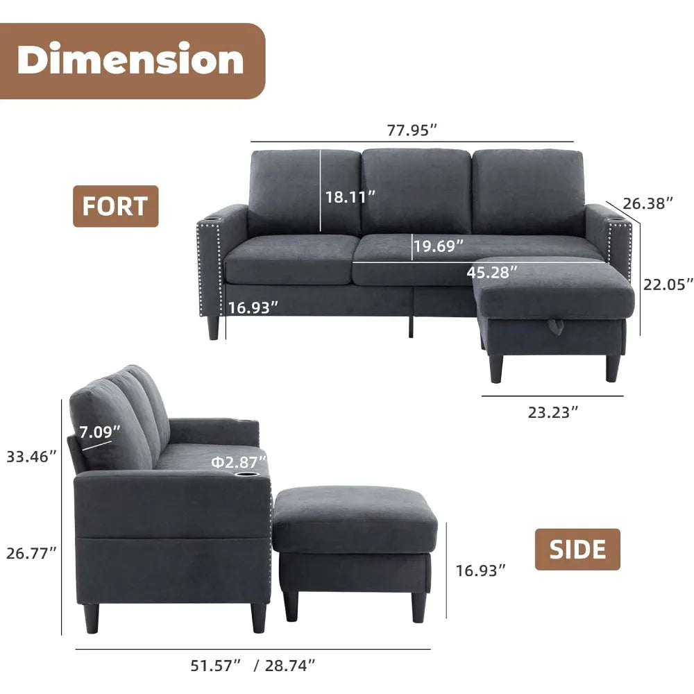 Convertible Sectional Couches , L-Shaped Couch 3 Seats Sofas with Storage Chaise & 2 Cup Holders