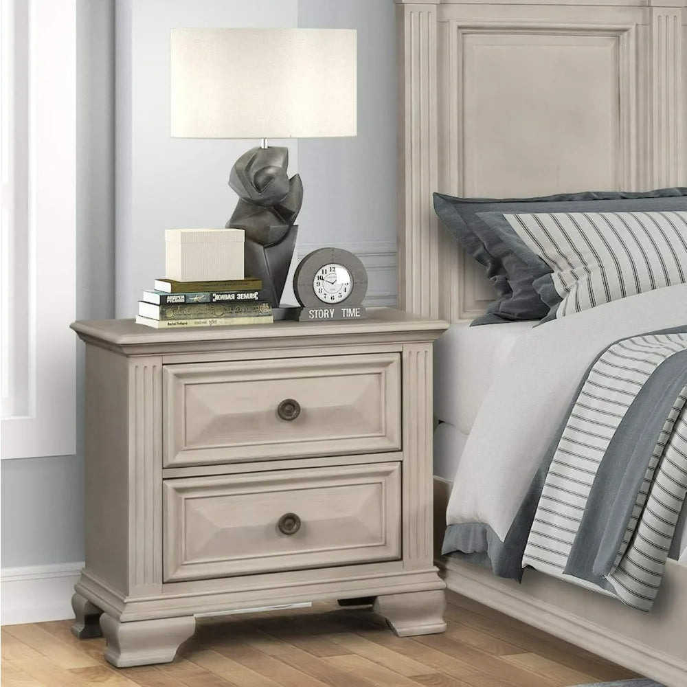 2-Drawer Nightstand, Distressed Parchment, Full Wooden Bed Side Table