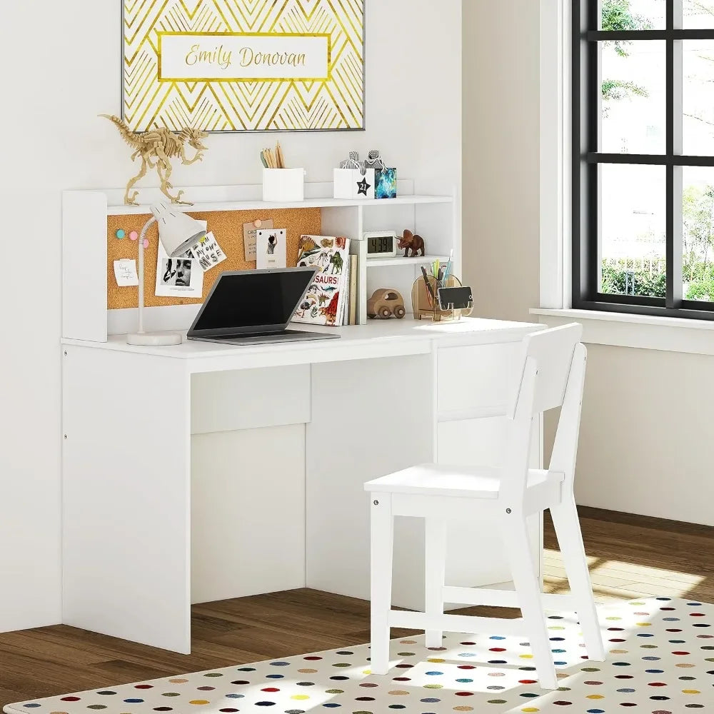 Kids Study Desk with Chair and Hutch and Storage Cabinet, Student Writing Desk