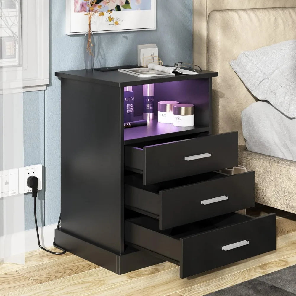 LED Nightstand with Charging Station, Side Table with 3 Drawers