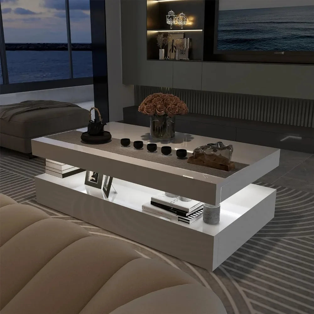 White Rectangular Coffee Table With Remote Control High Gloss  and RGB LED Light