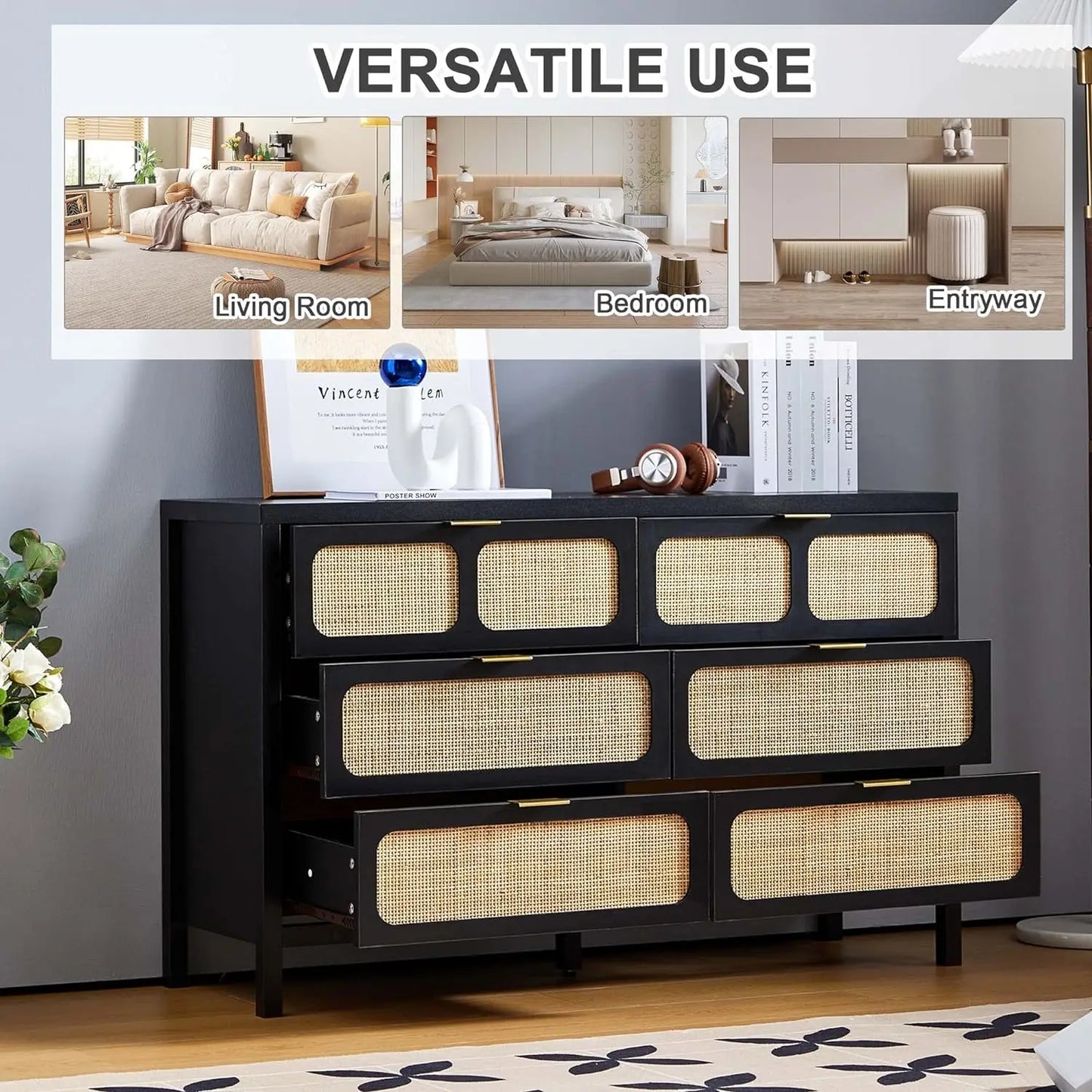 Modern Rattan 6 Drawer Dresser w/ Wide Drawers & Metal Handles