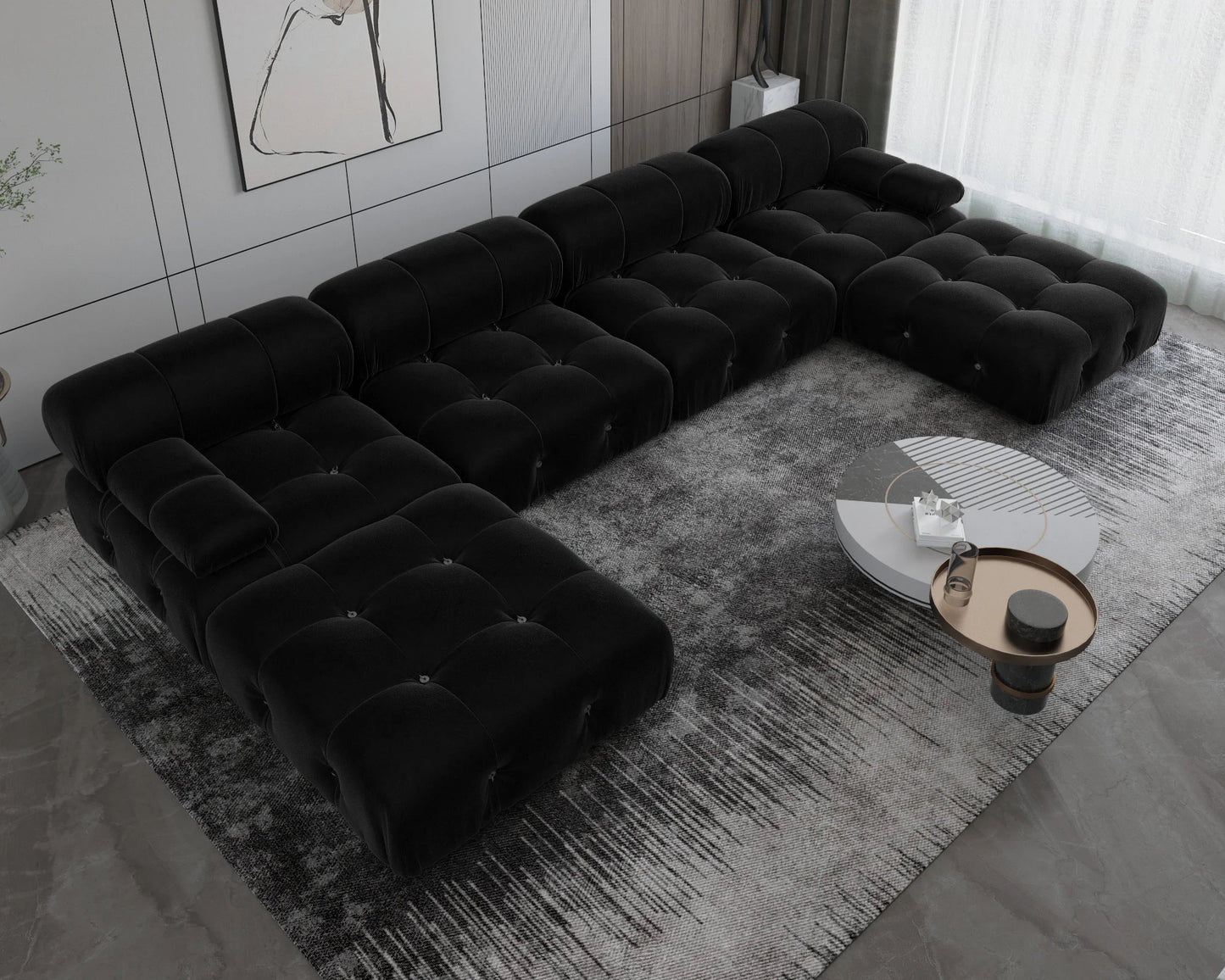 Minimalist Sectional Sofa for Living Room Black Velvet Fabric Modular Couches with Ottomans