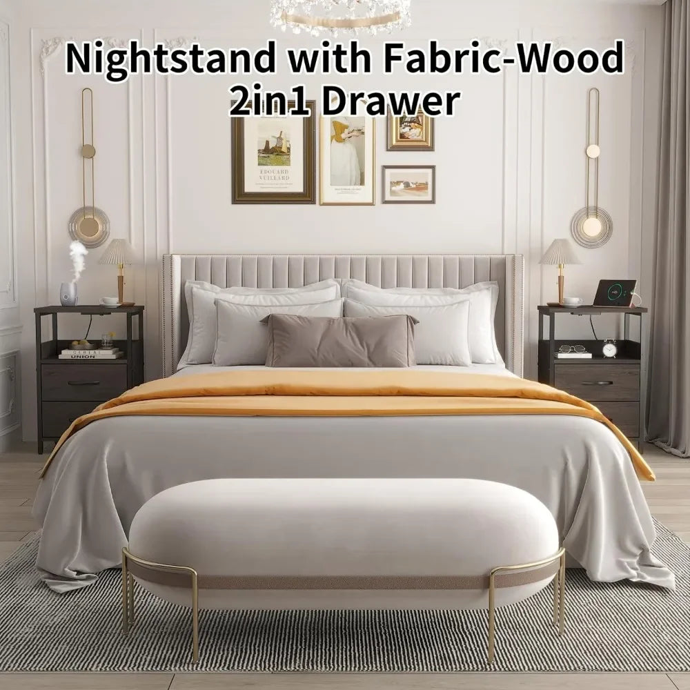 Nightstand with Charging Station,  Fabric-Wood 2-in-1 Drawer, USB Ports