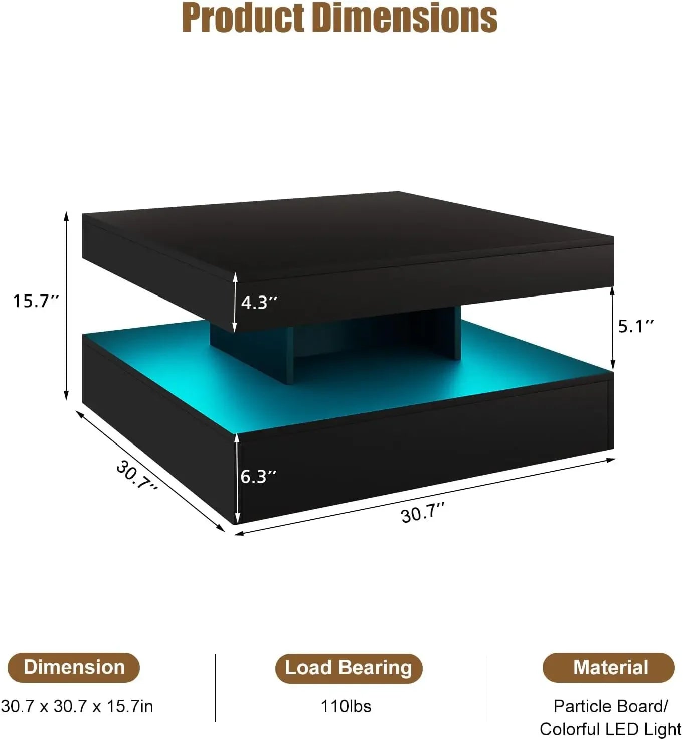 Black LED Coffee Table with Storage 2 Tier Display Shelf 20 Colors Light