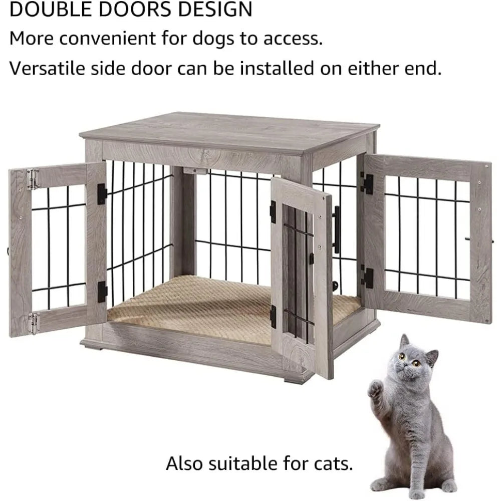 Furniture Style Dog Crate End Table, Double Doors Wooden Wire Dog Kennel with Pet Bed