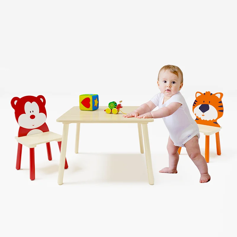 3 Pieces Toddler Table and Chair Set, Wooden Activity Play Table Set (Bear & Tiger)