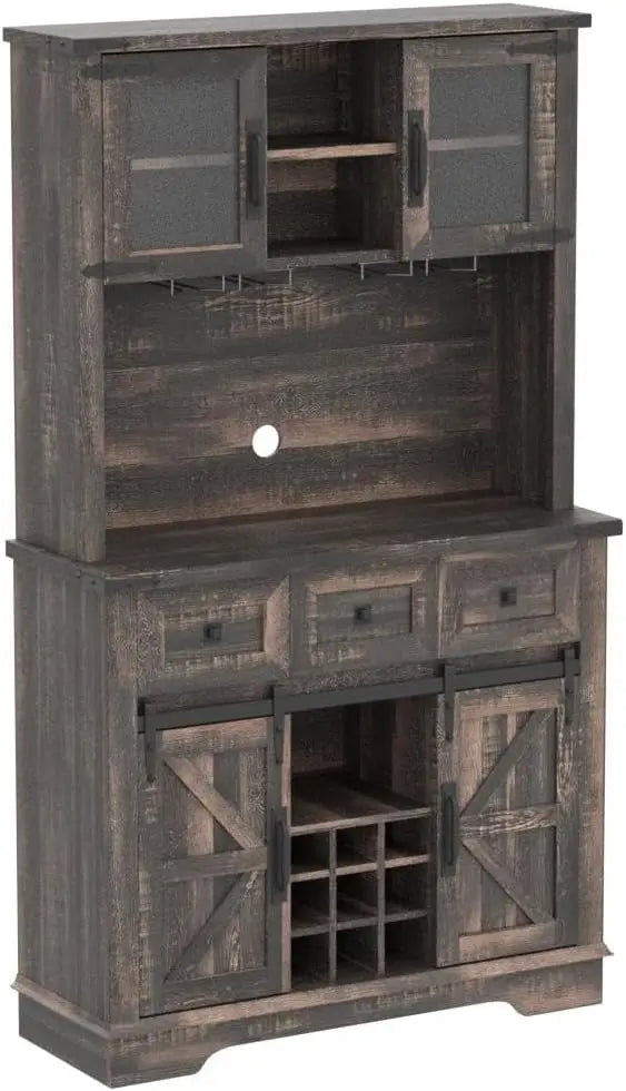 72" Farmhosue Bar Cabinet w/Sliding Barn Door, Wine & Glasses Rack, 3 Drawers, 12 Storage Shelves