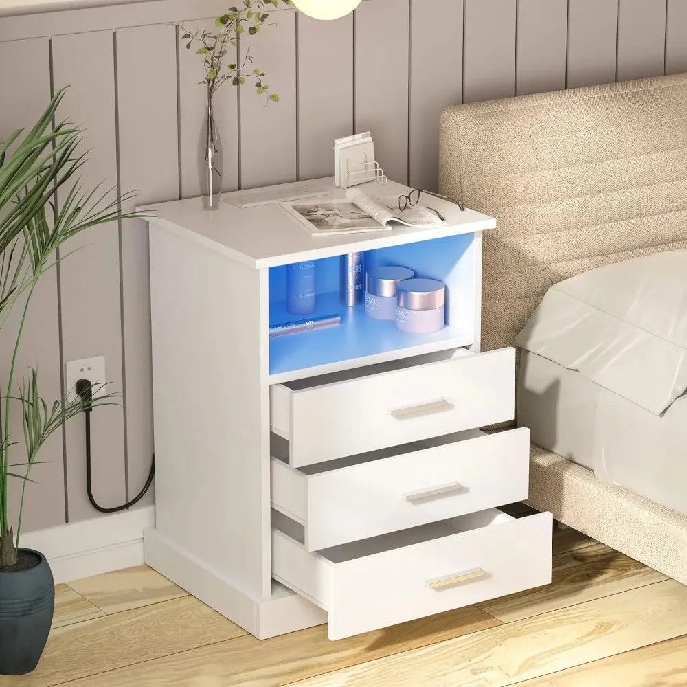 LED Nightstand with Charging Station, Side Table with 3 Drawers