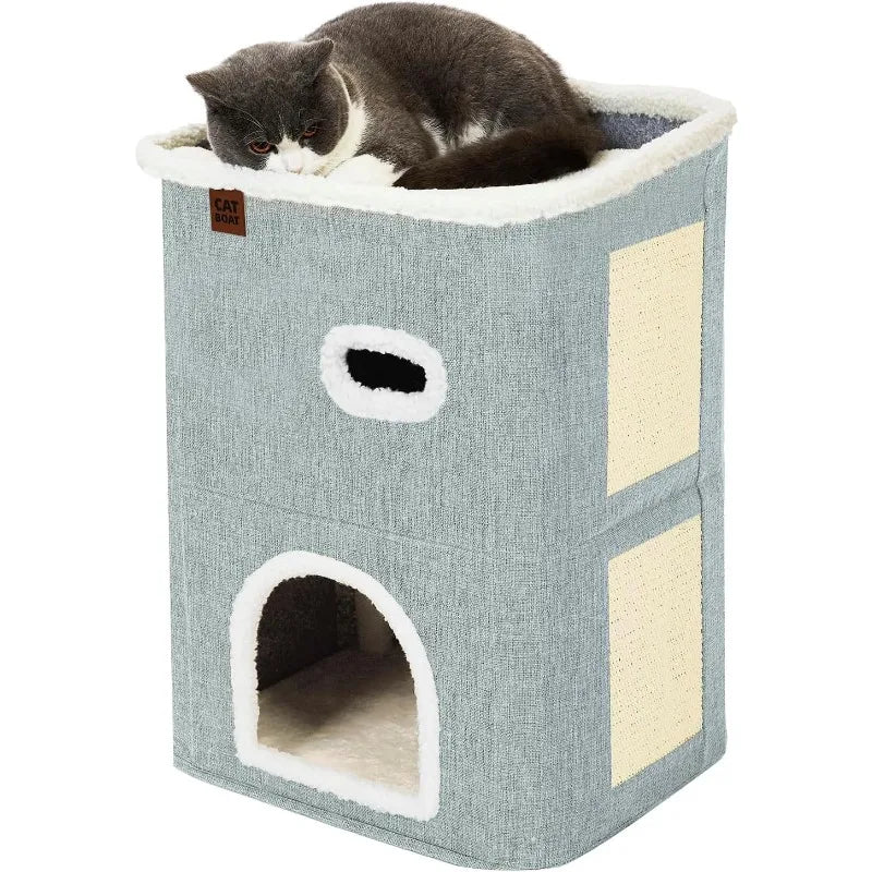 2-Story Cat House for Indoor Cats with Scratch Pad and Hideaway Cave, Cute Modern Cat Condo