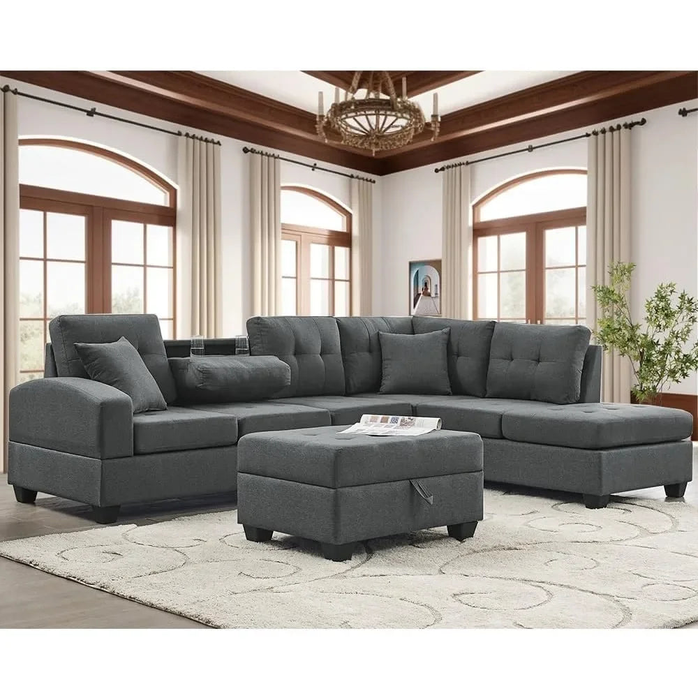 Living Room Sofa Set , L Shape Modular Storage Ottoman & Chaise, Cup Holder