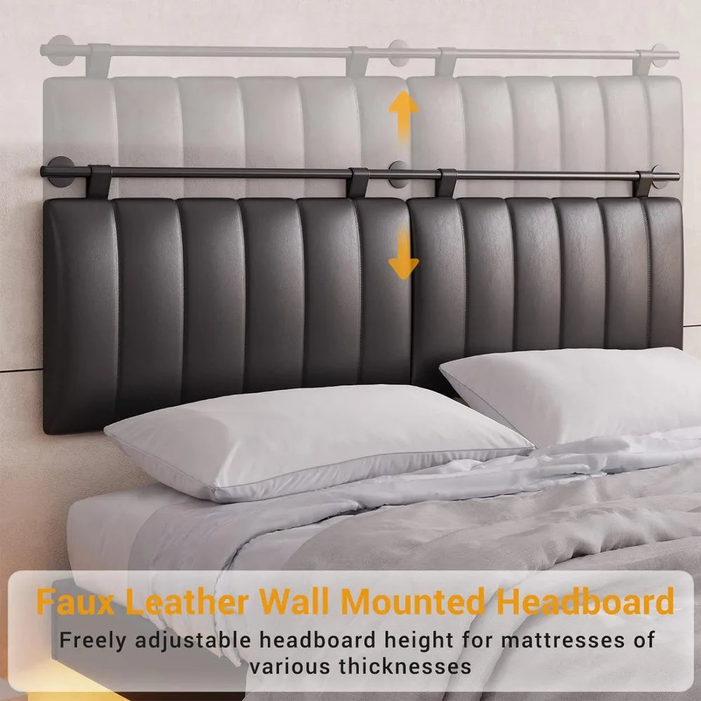 Queen Floating Bed Frame with LED Lights and Wall Mounted Headboard  Faux Leather Upholstered