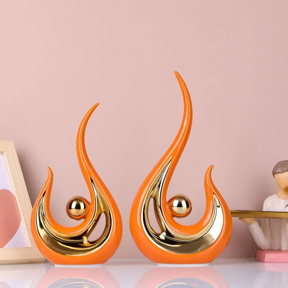 Modern Abstract Orange And Gold Ceramic Decor, Ceramic Statue