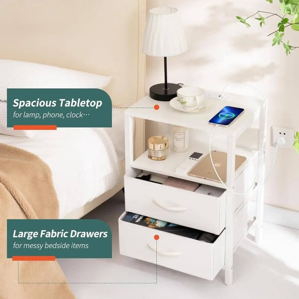 Nightstand with Charging Station, LED Night Stand with Fabric Drawers and Storage Shelf