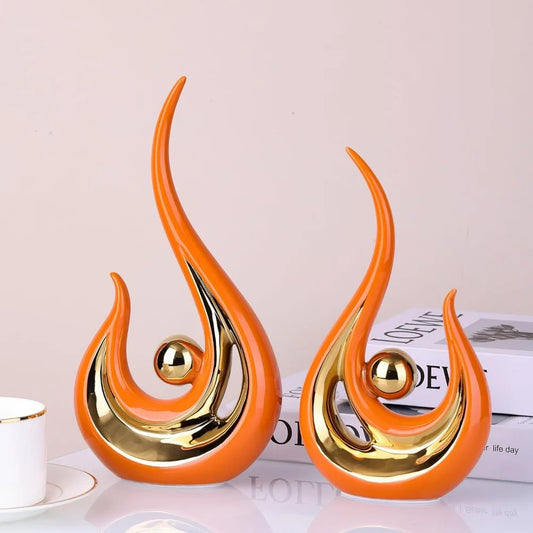 Modern Abstract Orange And Gold Ceramic Decor, Ceramic Statue