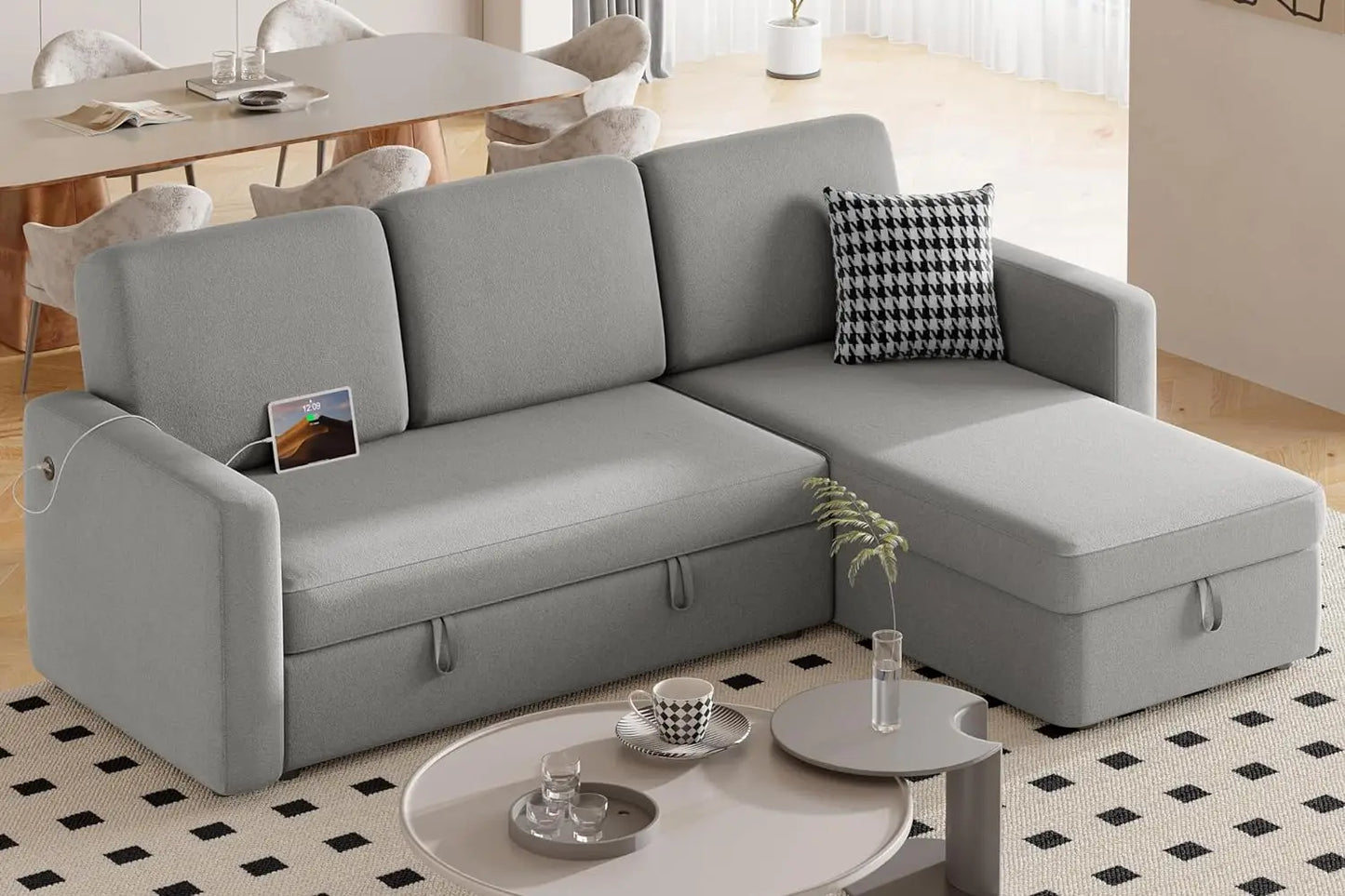 Sectional Sofa Couch Bed W/Chaise & USB, Reversible Couch Sleeper W/Pull Out Bed & Storage Space