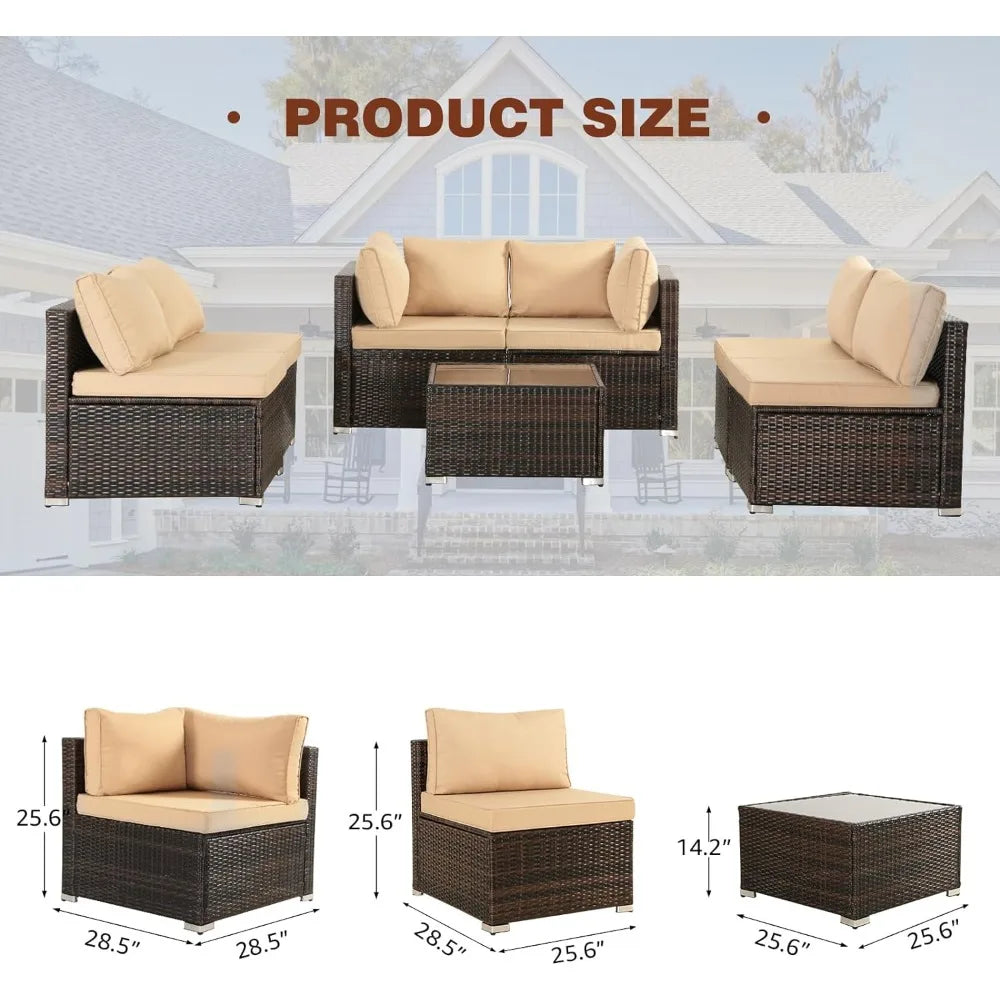 7 Pieces Wicker Rattan  Patio Furniture Set Sectional Sofa  W/Washable Cushions & Glass Coffee Table