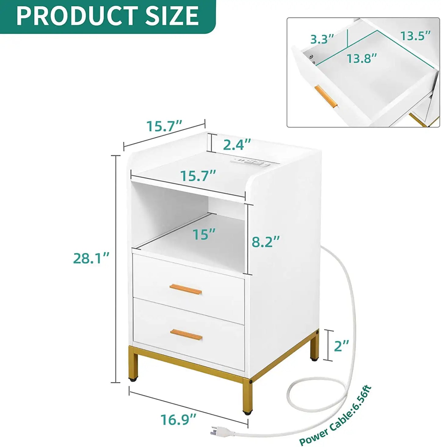 White Night Stand with LED Lights and Charging Station USB Ports and Outlets