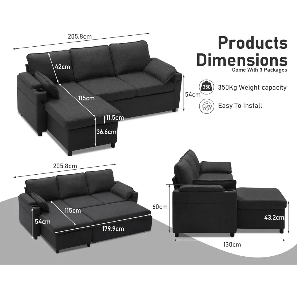 2 in 1 Sectional Sleeper Sofas Couches with Storage, USB Cup Holder