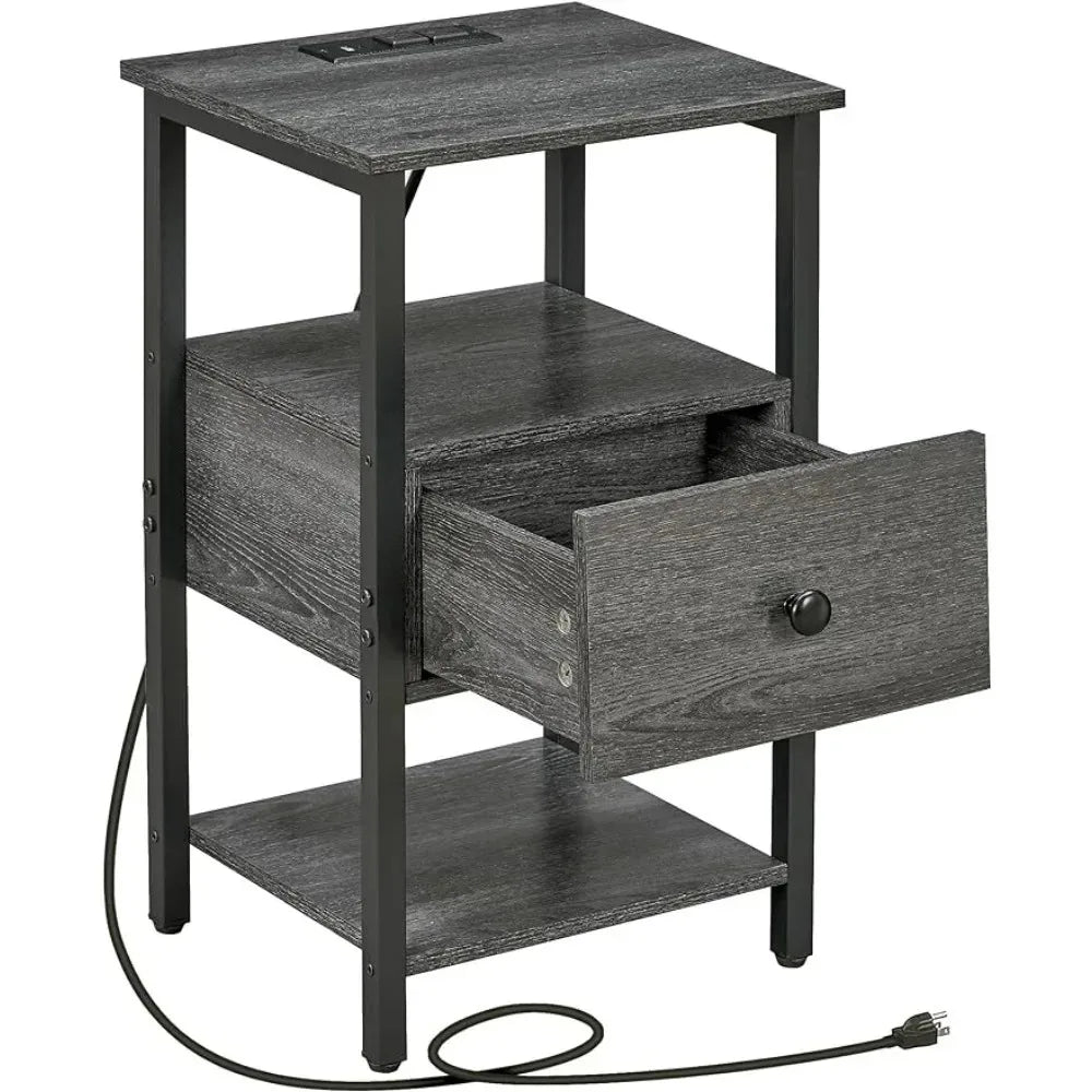 Nightstand with Charging Station, 3-Tier  with 2 USB Ports & 2 Power Outlets,