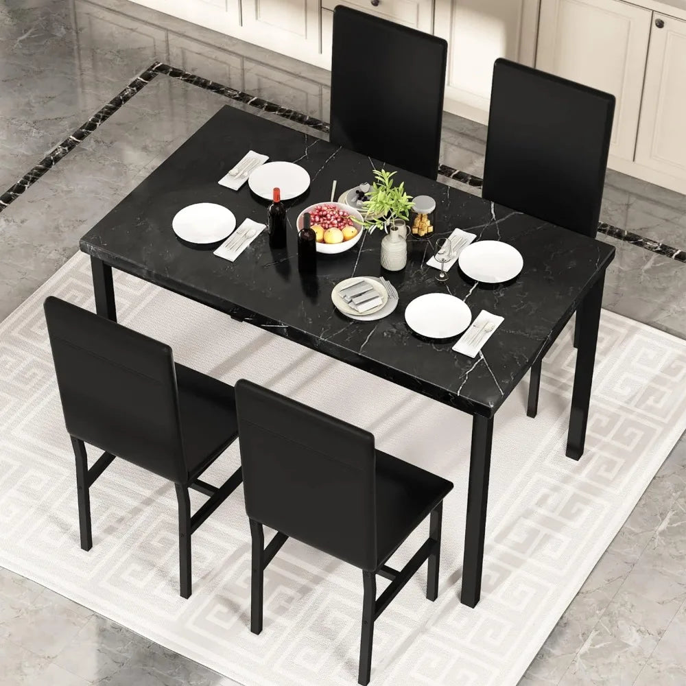 Black Kitchen Table and Chairs for 4, Compact Furniture Faux Marble Table