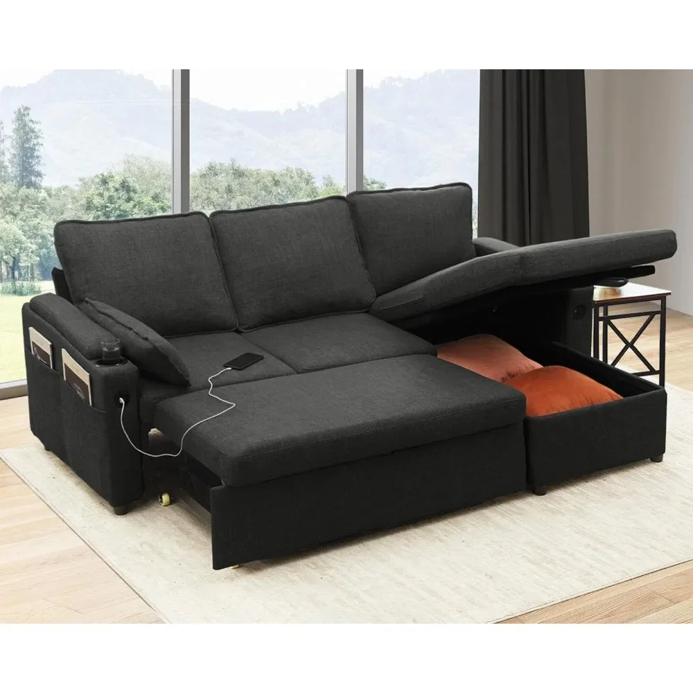 2 in 1 Sectional Sleeper Sofas Couches with Storage, USB Cup Holder