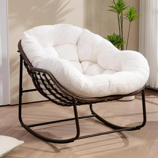 Papasan Rocking Chair Indoor, Oversized Outdoor Patio Rocking Chairs with Teddy Padded Cushion