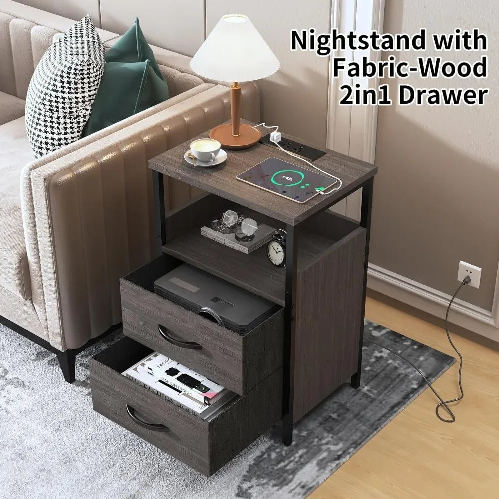 Nightstand with Charging Station,  Fabric-Wood 2-in-1 Drawer, USB Ports