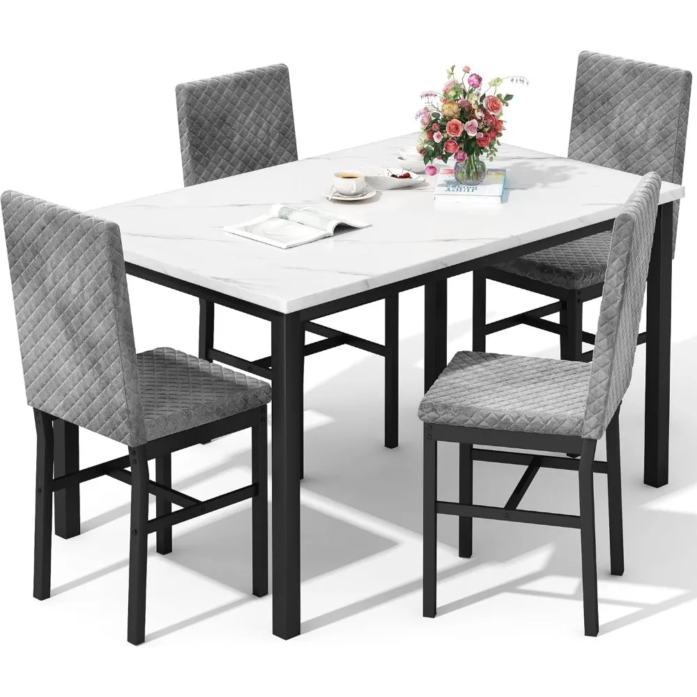 Dining Table Set, with 4 Upholstered Velvet Chairs,