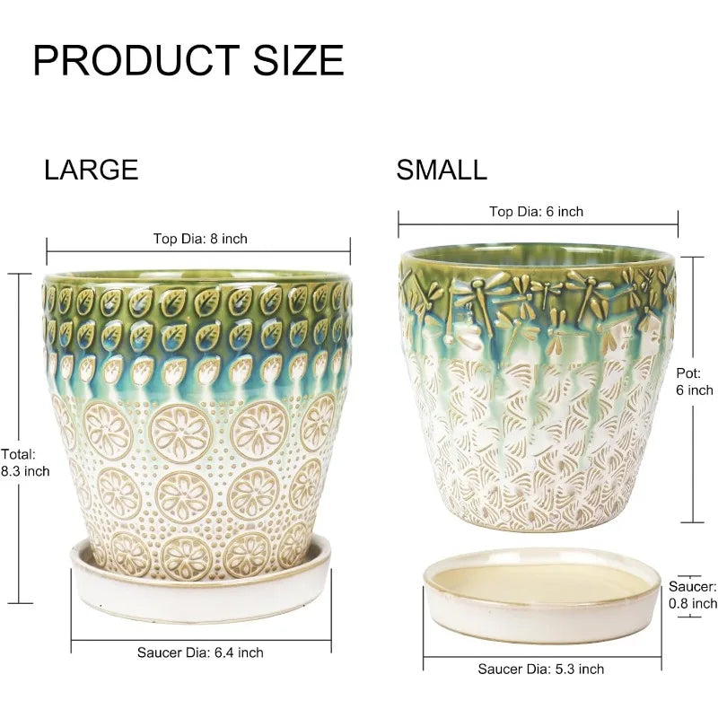 Ceramic Planter Pots  8Inch + 6 Inch Plant Pot with Drainage Holes, Saucers and Mesh Pads