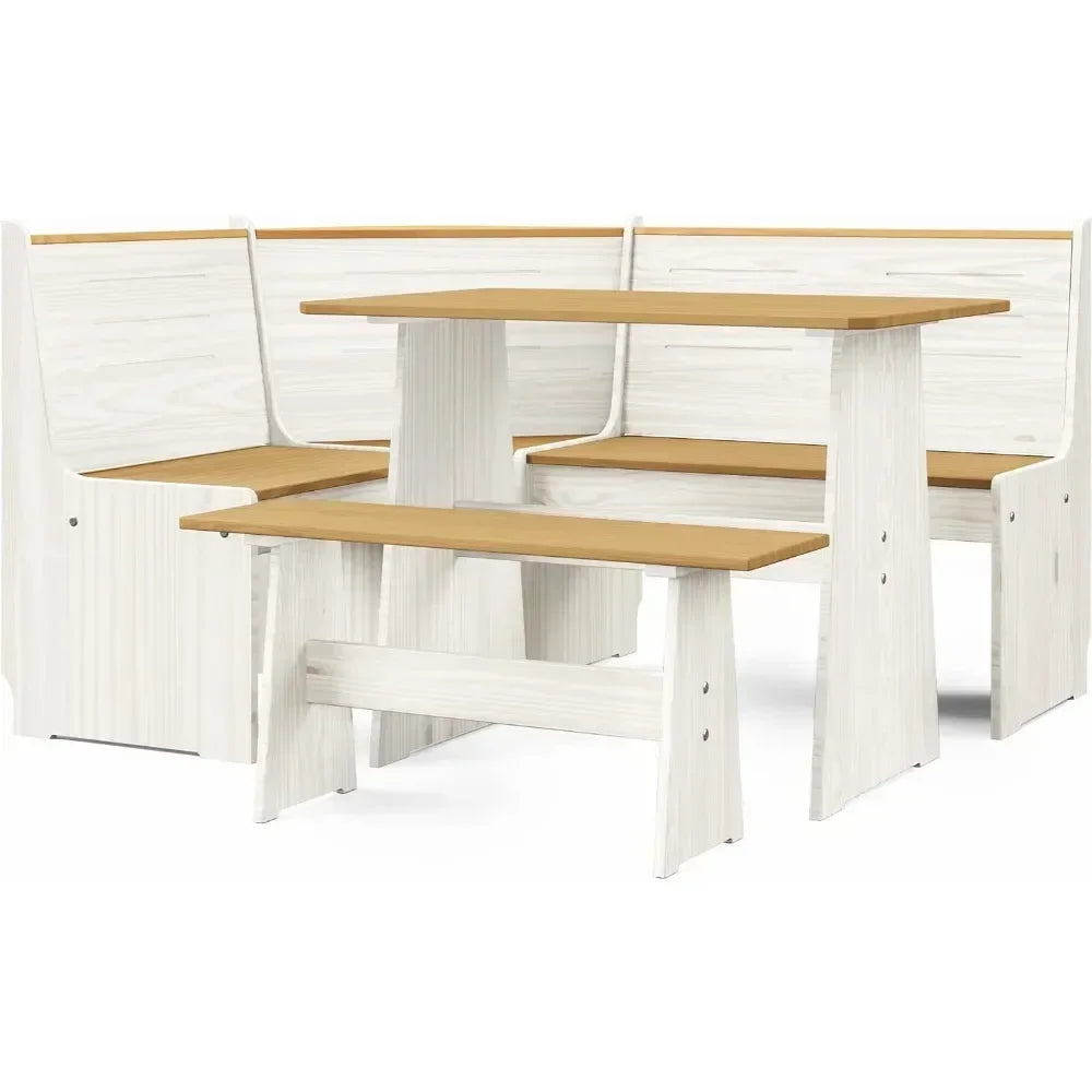 3/5PCS 2 Tone Natural/White Solid Wood Corner Dining Set, Reversible Breakfast Nook