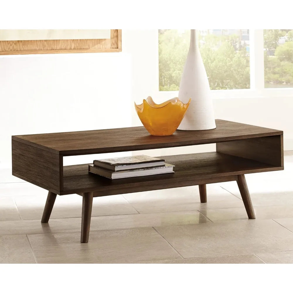 Mid-Century Modern Rectangular Coffee Table With Open Storage Shelf Dark Brown