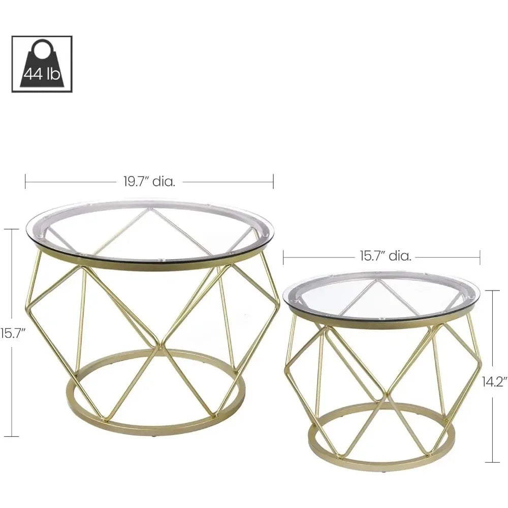 Set of 2  Round End Table , Coffee Table with Metal Frame and Tempered Glass Top