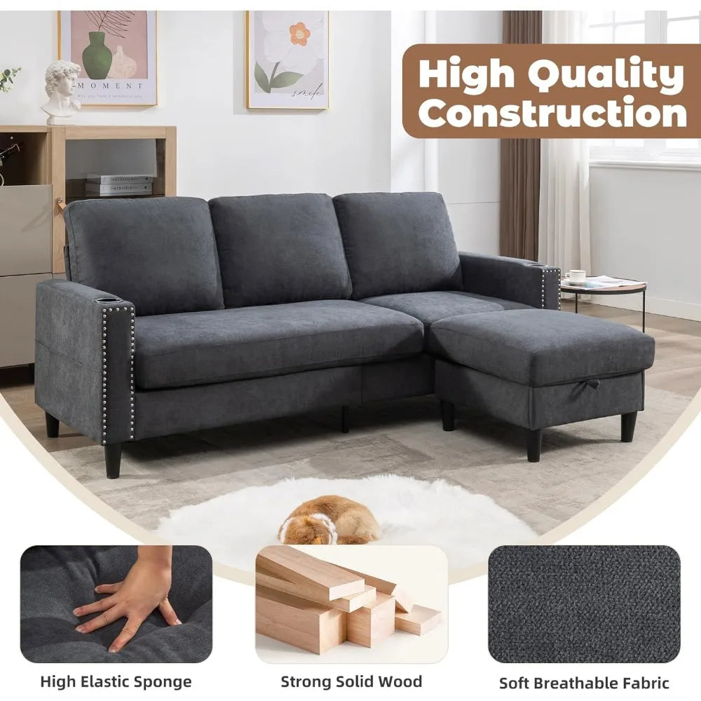 Convertible Sectional Couches , L-Shaped Couch 3 Seats Sofas with Storage Chaise & 2 Cup Holders